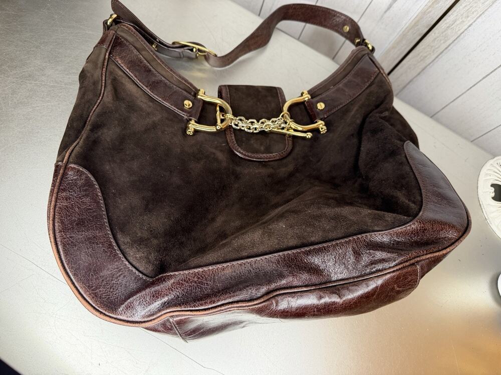 Y2K Tory Burch Dark Brown Leather Suede Hobo Shoulder Bag Horsebit Gold